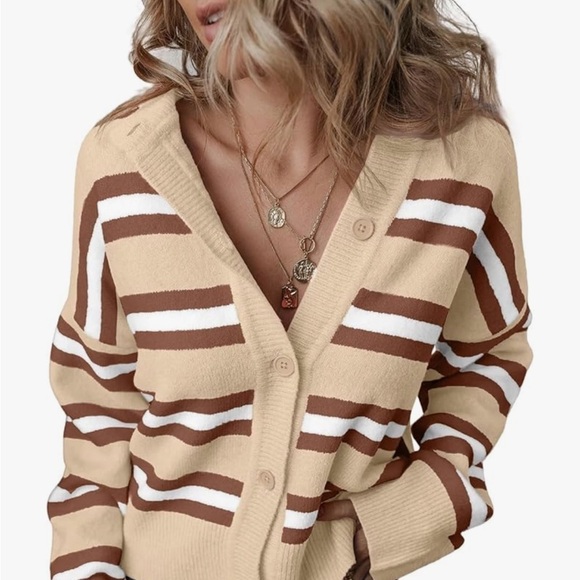 Sweaters - Striped Cardigan Chunky Buttons Soft Casual White Maroon Orange Size XL
